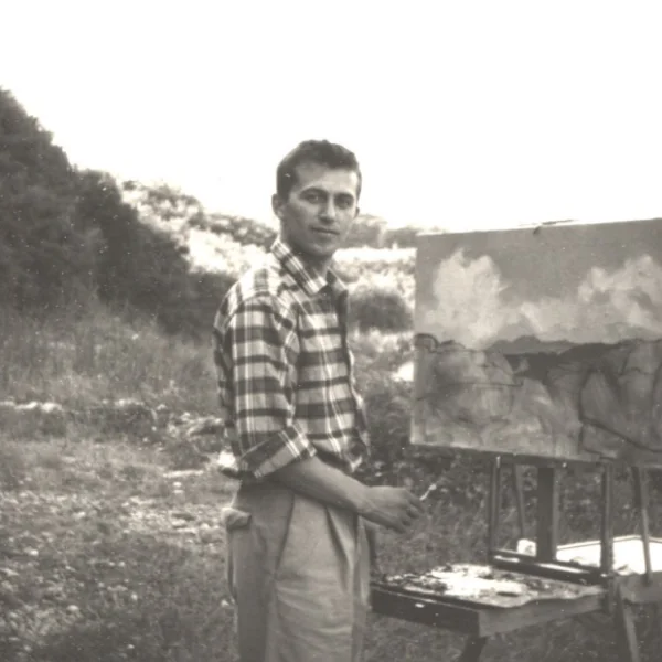 Un giovane Giovanni Brambilla dipinge in montagna